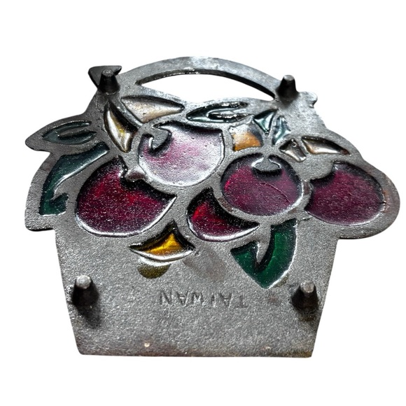 Vintage 70's cast iron Stained Glass Cherries Trivet - Picture 3 of 5